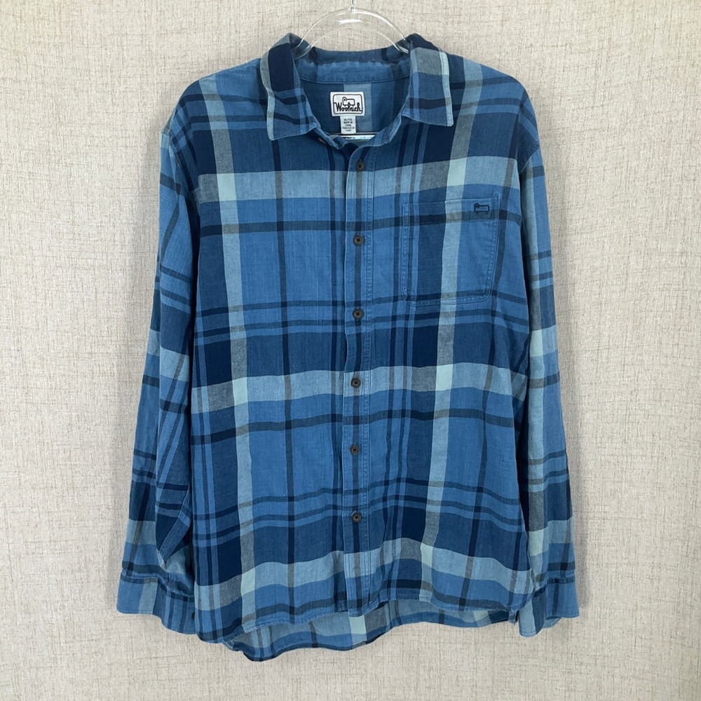 Woolrich Button Down Shirt Mens XL Blue Organic Cotton Linen Plaid Long Sleeve